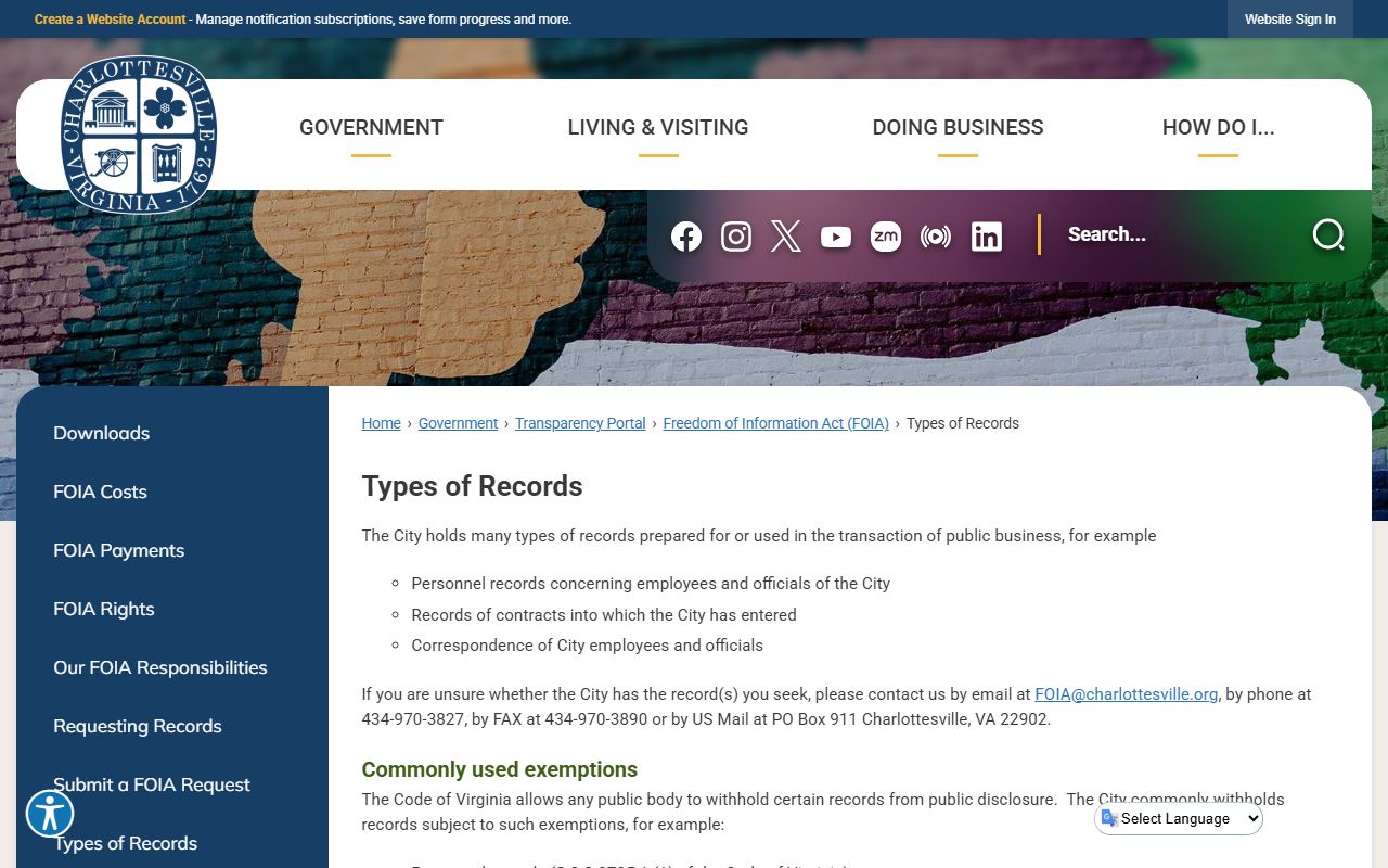 Charlottesville FOIA types of records page for Charlottesville recent bookings