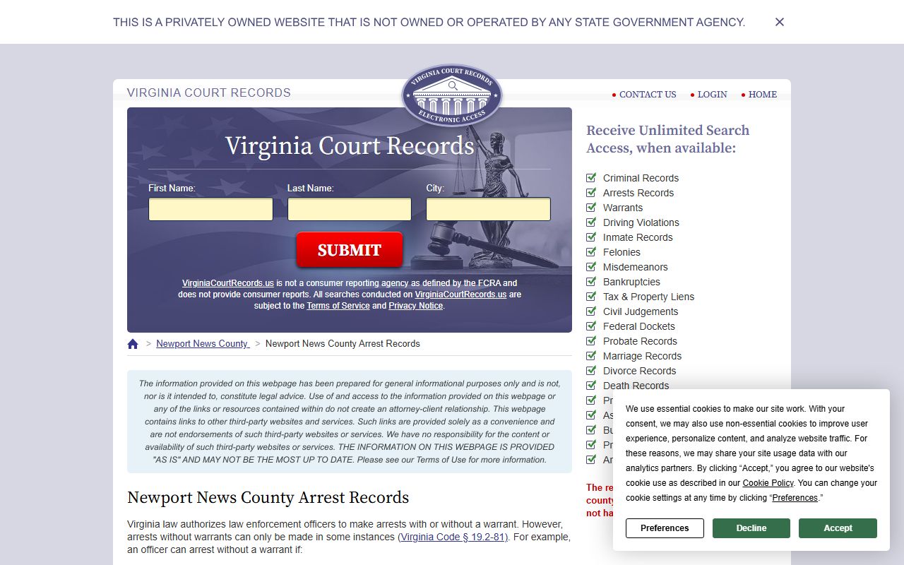 Newport News arrest records page for Newport News recent bookings