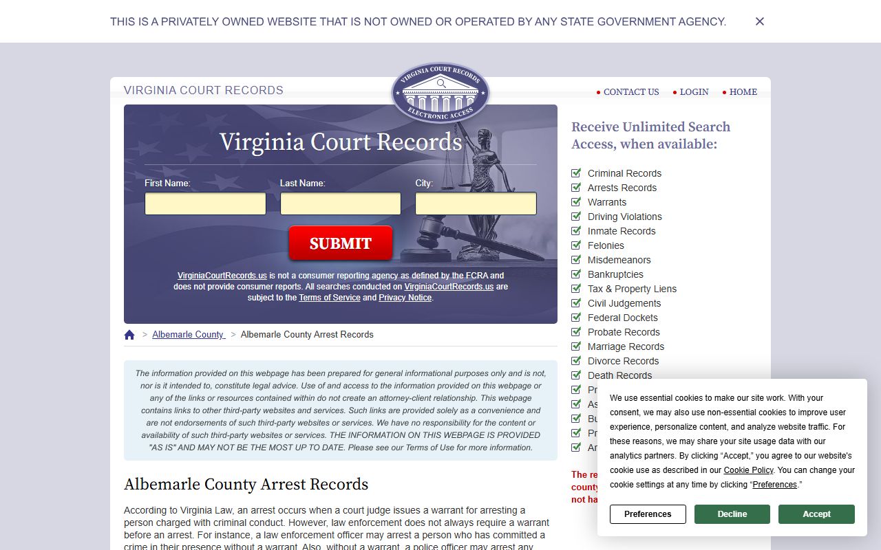 Virginia court records page for Albemarle County recent bookings