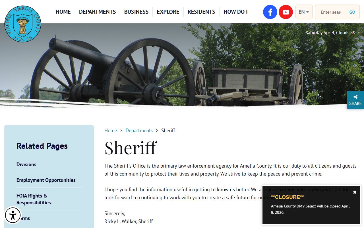 Amelia County Sheriff Office page for Amelia County recent bookings