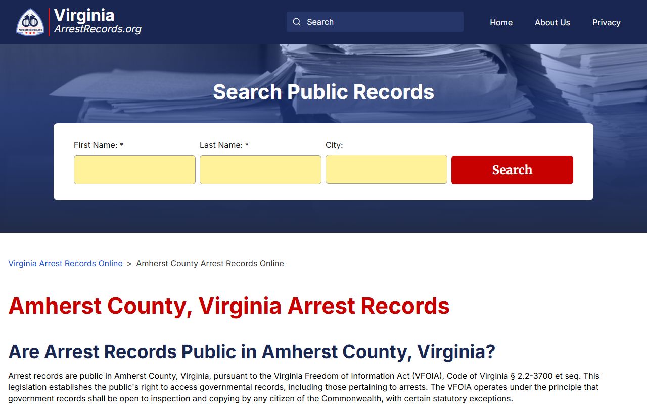 Amherst County arrest records page for Amherst County recent bookings