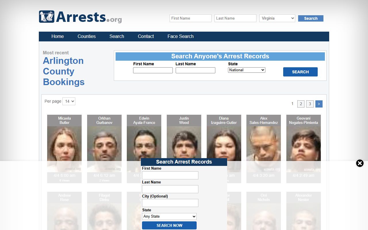 Arlington County recent bookings on the Arlington County arrests database