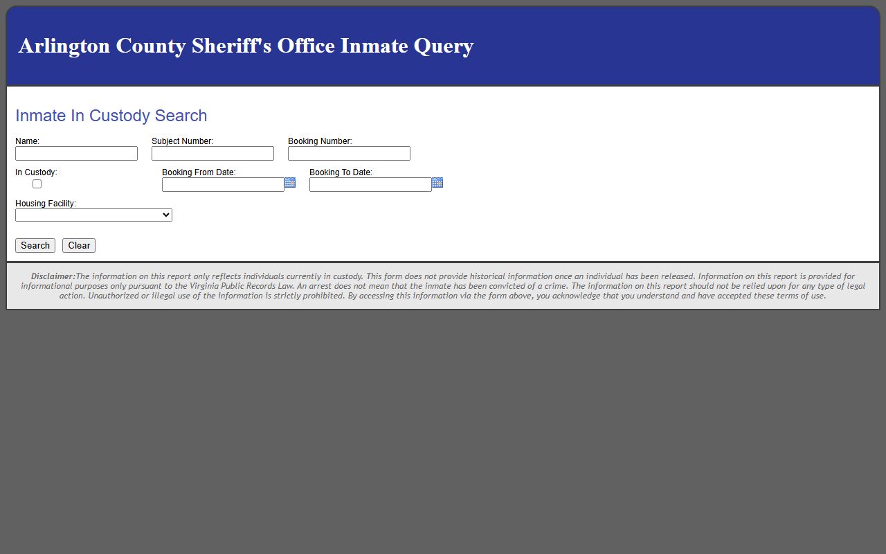 Arlington County recent bookings on the Arlington County Detention Facility inmate query system