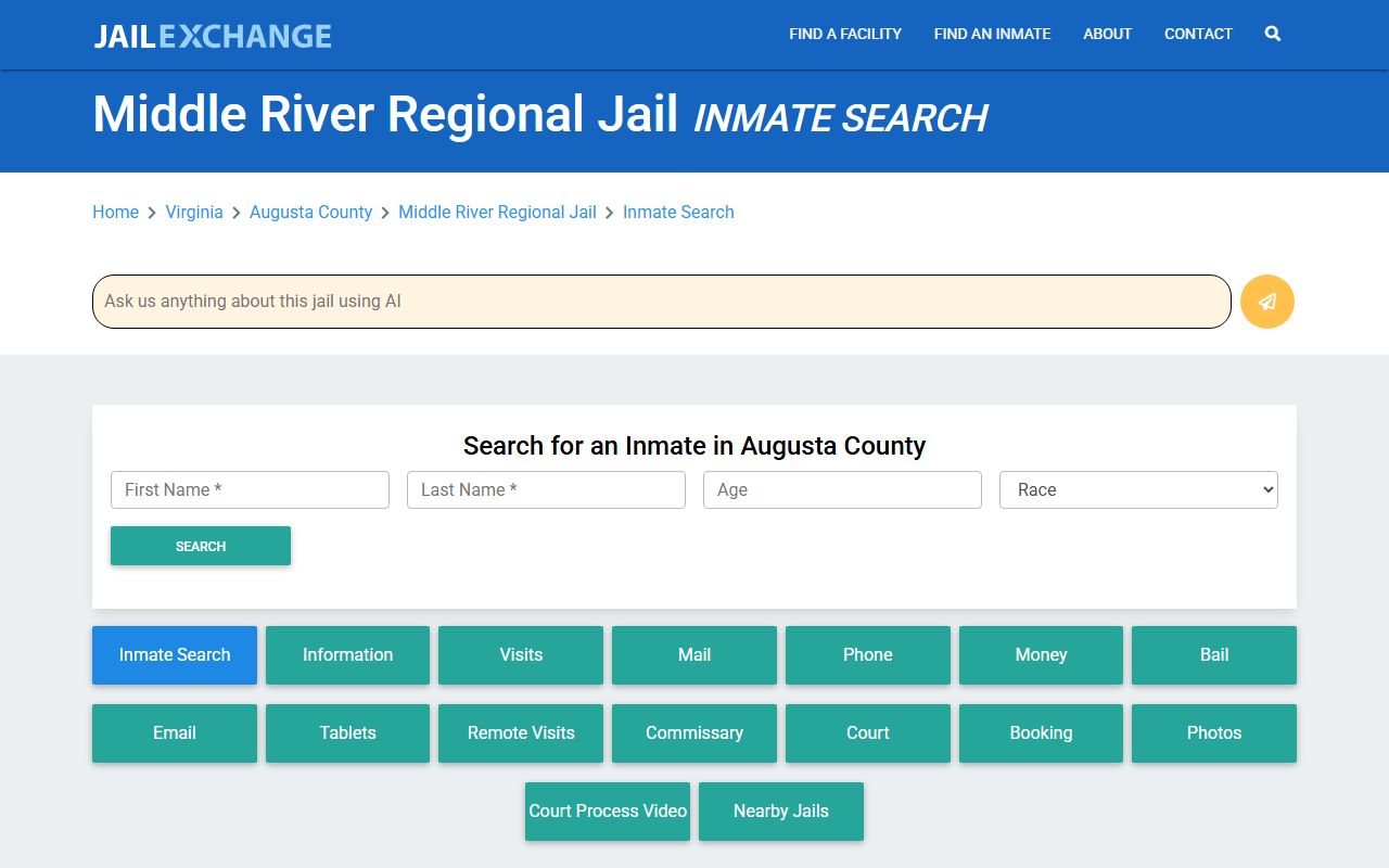 Augusta County recent bookings page on the Middle River Regional Jail inmate search