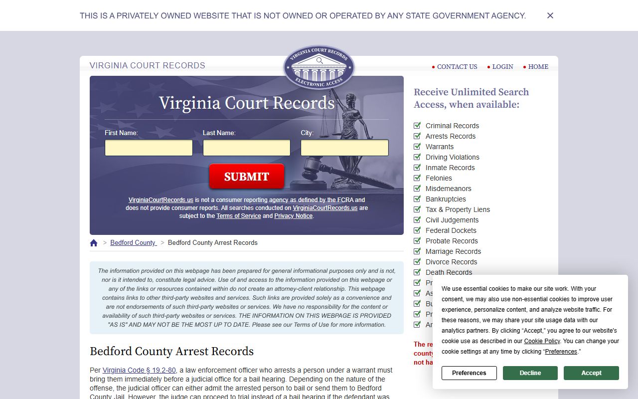 Bedford County recent bookings page on the Virginia court records Bedford site