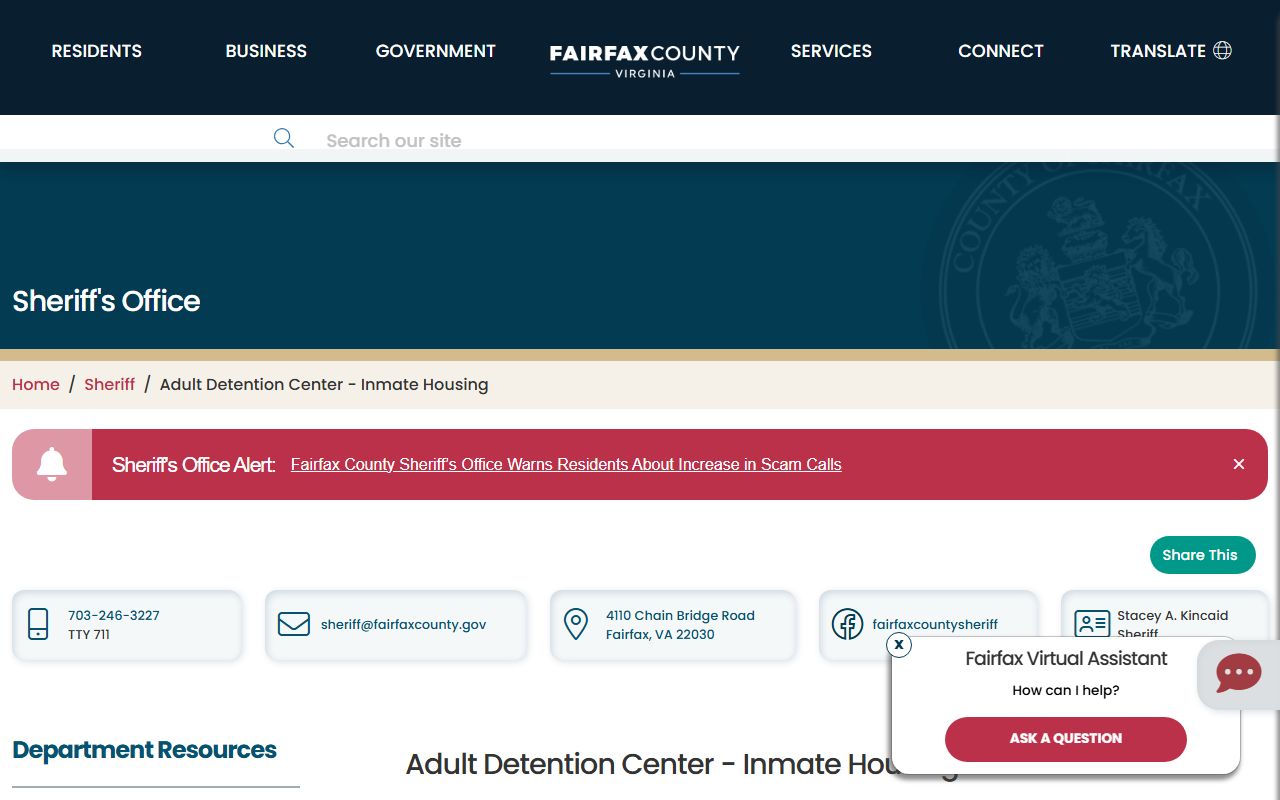 Fairfax County recent bookings page on the Fairfax County Adult Detention Center Inmate Search site