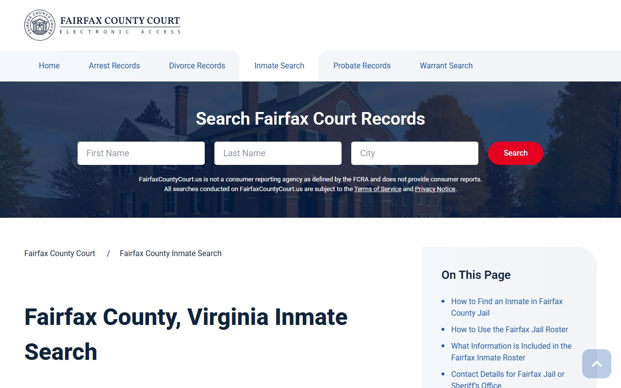 Fairfax County recent bookings page on the Fairfax County Court Inmate Search site