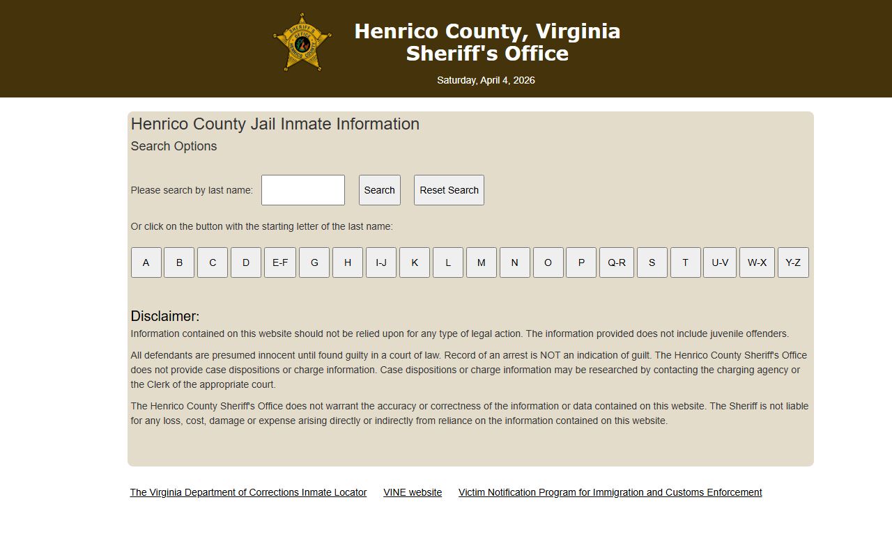 Henrico County recent bookings page on the Henrico County Jail Inmate Search site