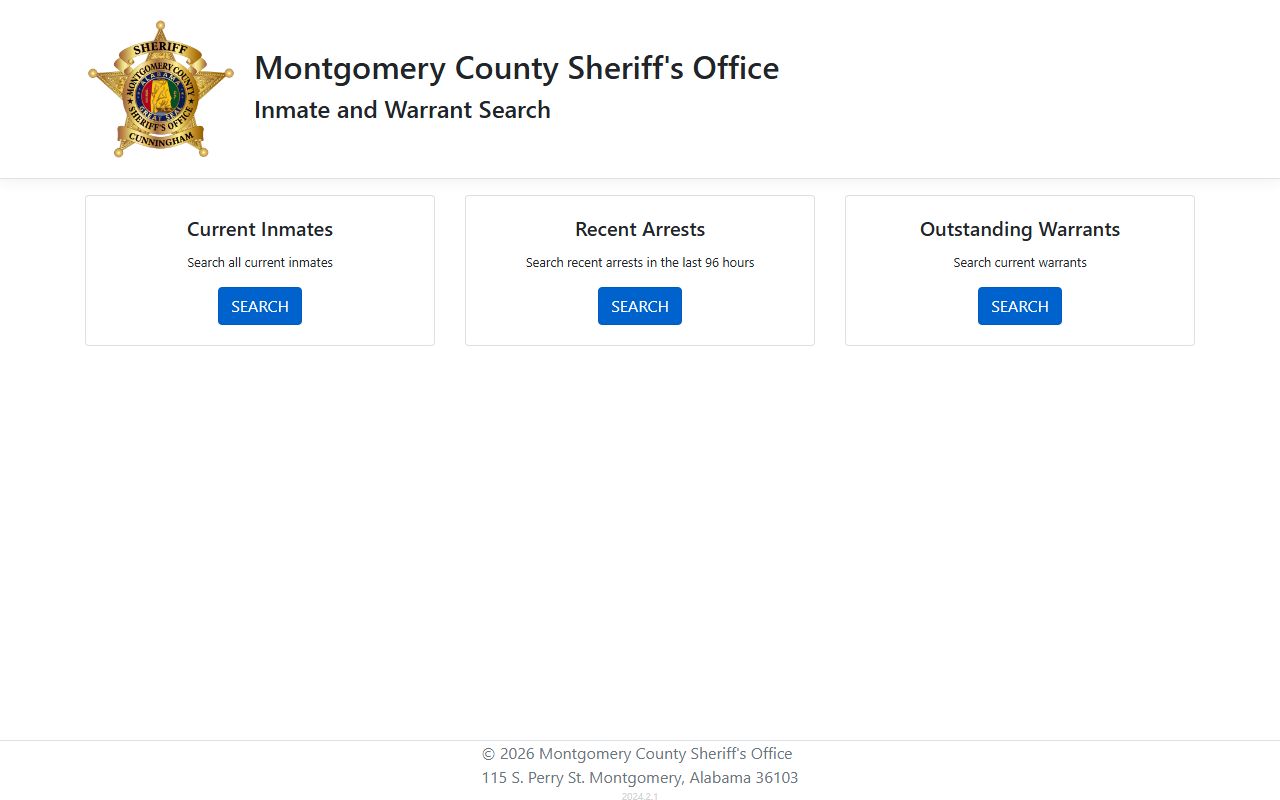 Montgomery County recent bookings page on the Montgomery County Jail Inmate Search site