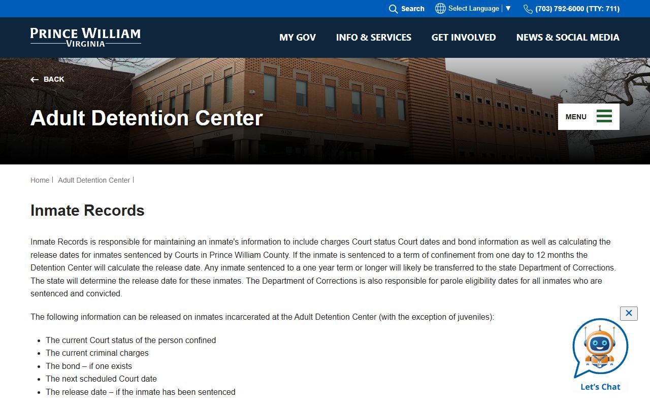 Prince William County recent bookings page on the Prince William County Adult Detention Center Inmate Records site