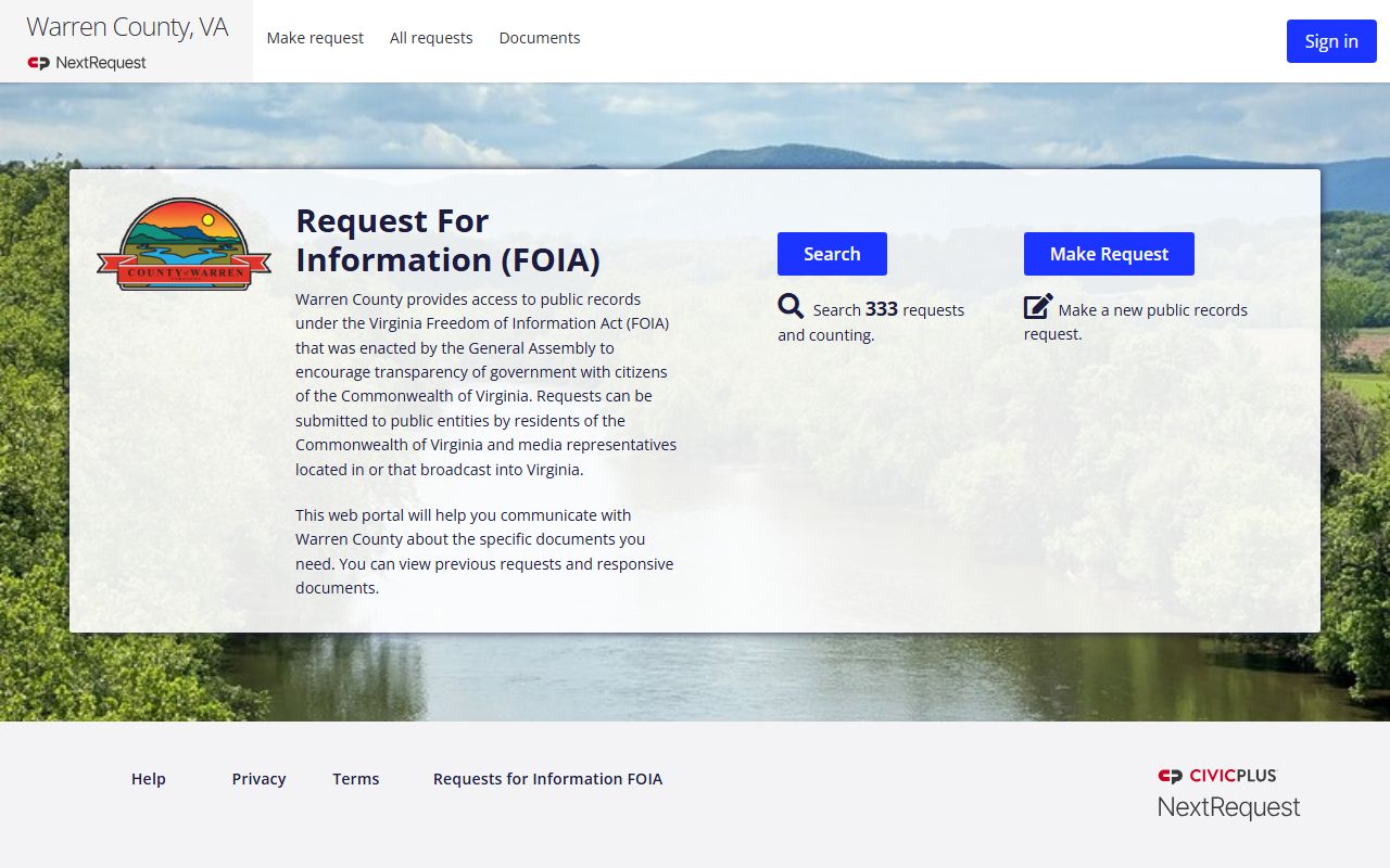 Warren County recent bookings page on the Warren County NextRequest FOIA Portal site