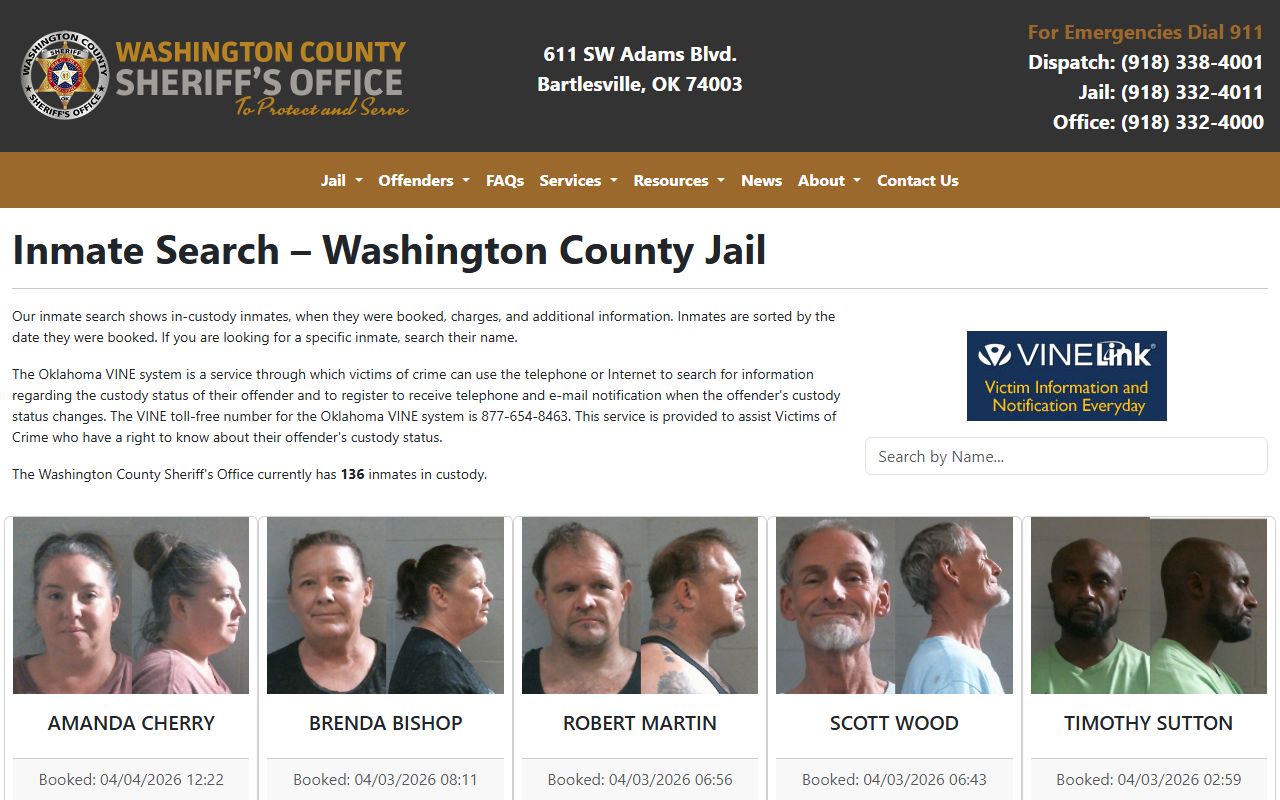 Washington County recent bookings page on the Washington County Inmate Search site