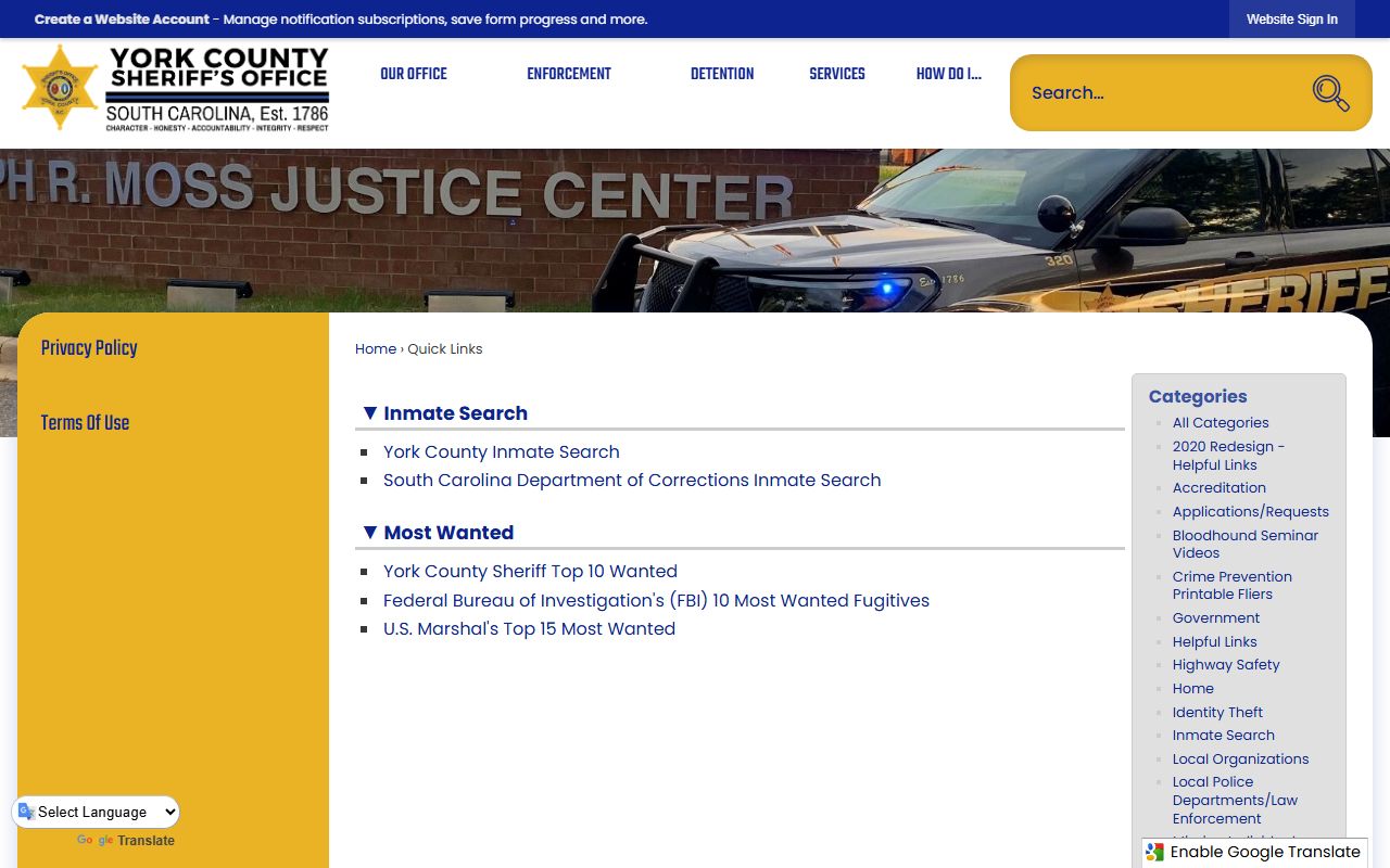 York County recent bookings page on the York County Inmate Search site