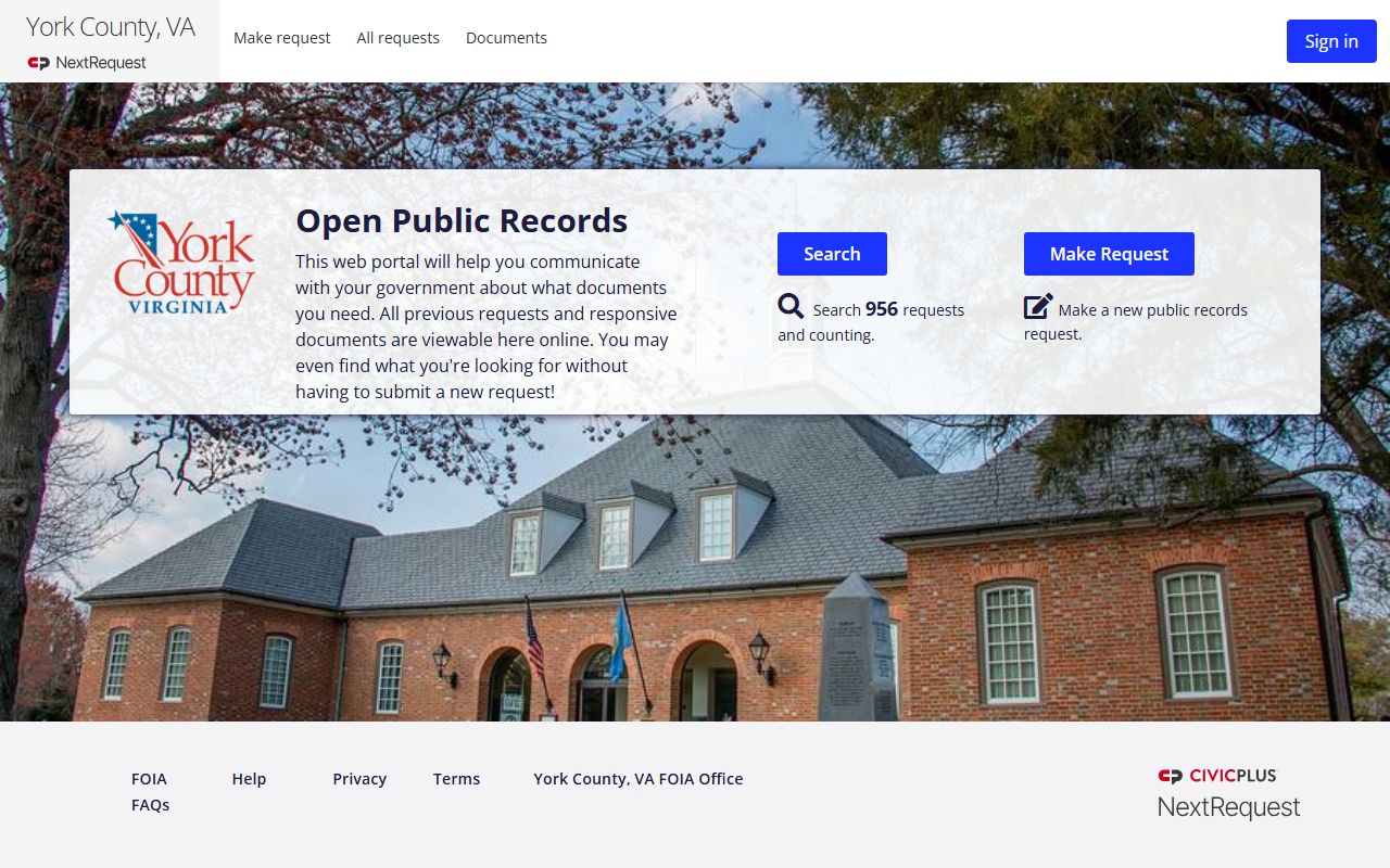 York County recent bookings page on the York County NextRequest FOIA Portal site